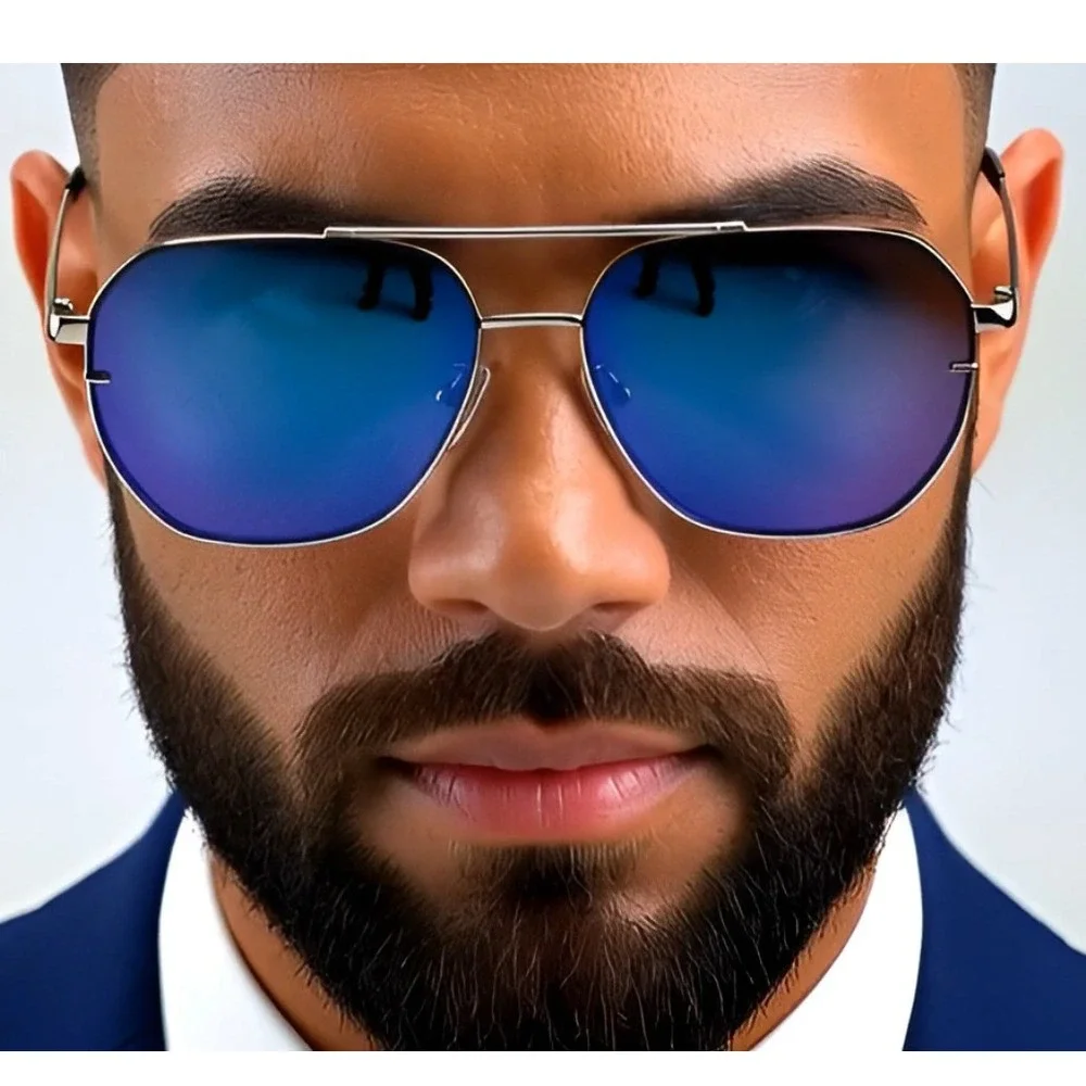 Blue Mirror Flat Lens Sunglasses Gold Frame UV400‎ Protection Men Shades Gafas